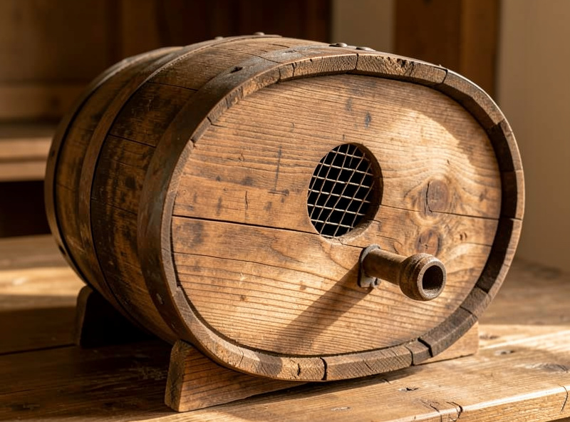 A seasoned oak vinegar cask on its side with a screened bung-hole, set up for continuous Orleans-method brewing