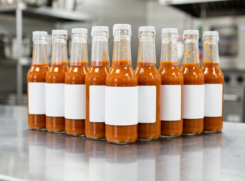 Empty glass woozy hot sauce bottles lined up with shrink bands and labels on a stainless steel commercial kitchen counter