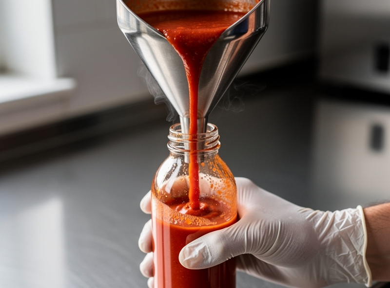 Red hot sauce being hot-filled through a funnel into a glass woozy bottle, steam rising, on a clean kitchen worktop