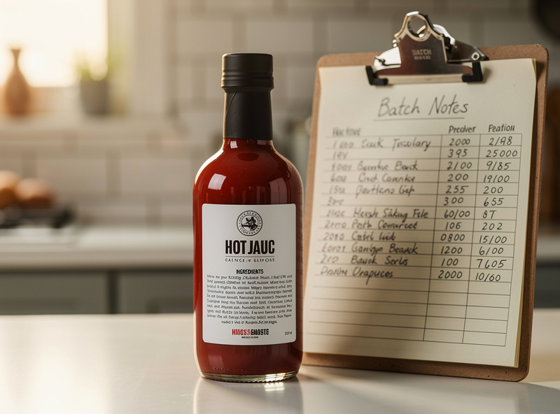 A finished glass woozy bottle of red hot sauce with a printed label showing ingredients and producer details, beside a clipboard of notes