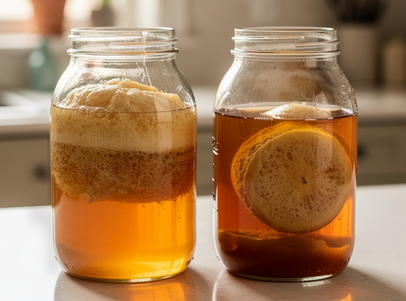 A spigoted continuous brew kombucha vessel beside a batch brewing jar on a kitchen counter