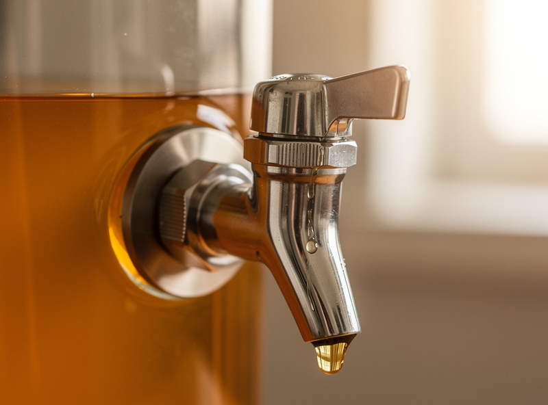 Close-up of a food-grade stainless steel spigot on a glass kombucha continuous brew jar