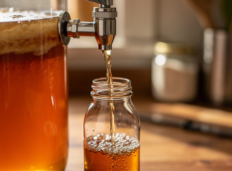 Drawing finished kombucha off the spigot of a continuous brew vessel into a bottle
