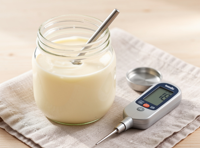 Thermometer reading 43 degrees Celsius in a jar of incubating yogurt beside a calibrated pH meter