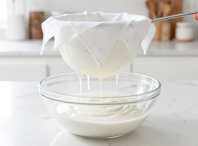 Thick strained Greek yogurt in cheesecloth dripping whey into a bowl on a kitchen counter