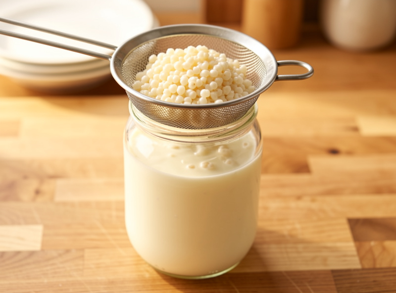 Milk kefir grains in a strainer over a jar of finished kefir on a wooden kitchen counter