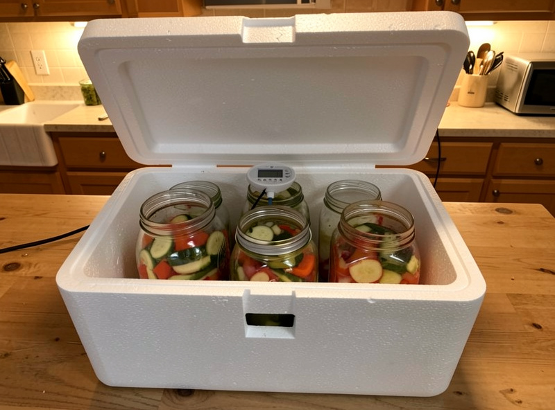 A DIY fermentation chamber built from an insulated cooler holding jars of fermenting vegetables with a thermometer