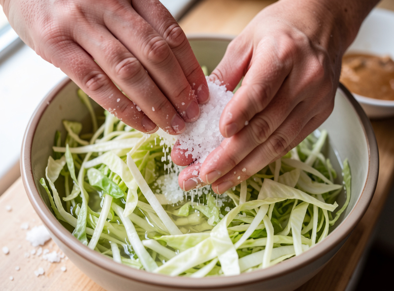 Hands massaging salt into shredded green cabbage in a large mixing bowl