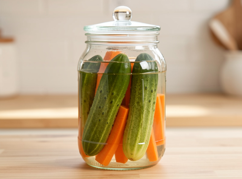 Whole cucumbers and carrot sticks submerged under clear salt brine in a glass jar with a weight on top