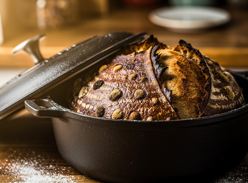 A shaped sourdough loaf with a deep mahogany crust and pronounced ear baked in a black cast-iron Dutch oven, lid removed, on a stovetop