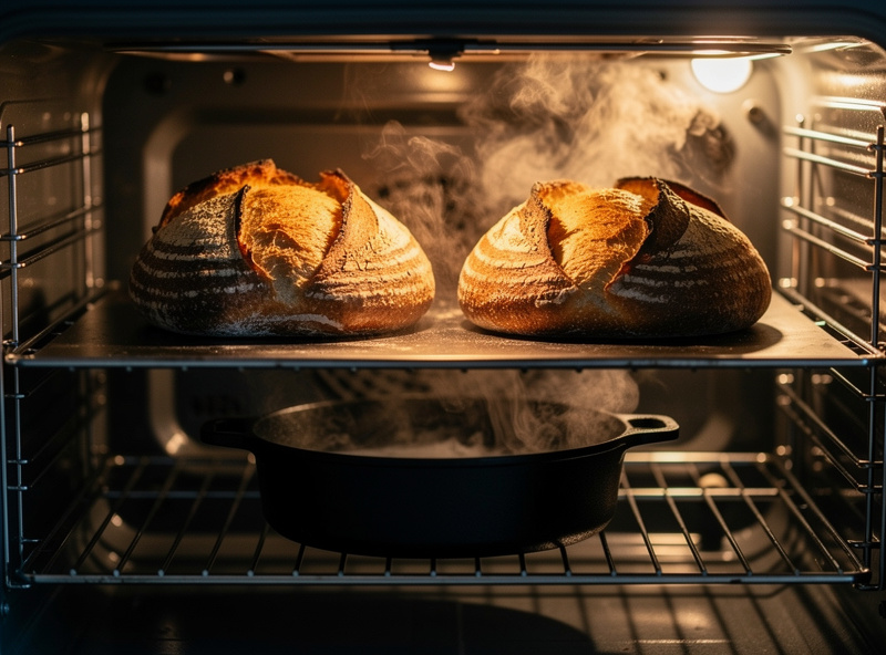 Two sourdough loaves baking open on a preheated baking steel in a home oven with a steam pan on the lower rack releasing visible steam