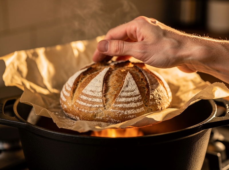 A cold-retarded sourdough loaf freshly scored on parchment being lowered into a preheated cast-iron combo cooker base, ready to bake