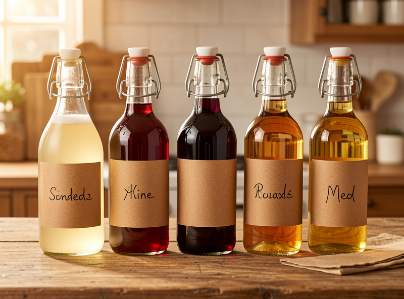 Row of bottled homemade cider, fruit wine, and mead with handwritten labels on a wooden counter
