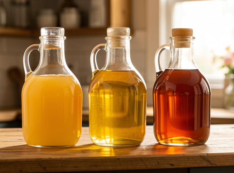 Glass carboys of cider, wine, and mead fermenting under three-piece airlocks on a kitchen shelf