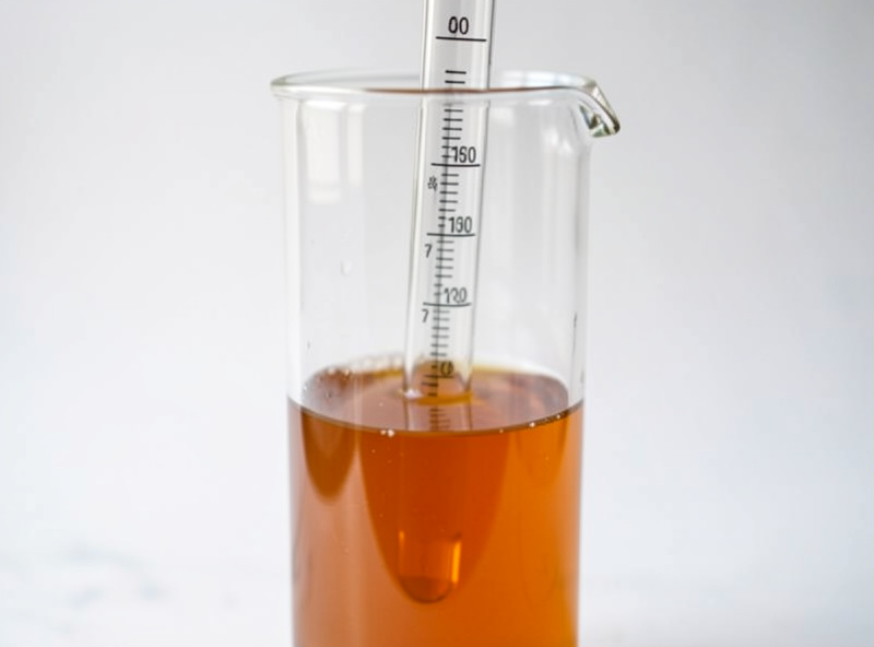 Hydrometer floating in a glass test jar of amber fermenting cider showing a specific gravity reading