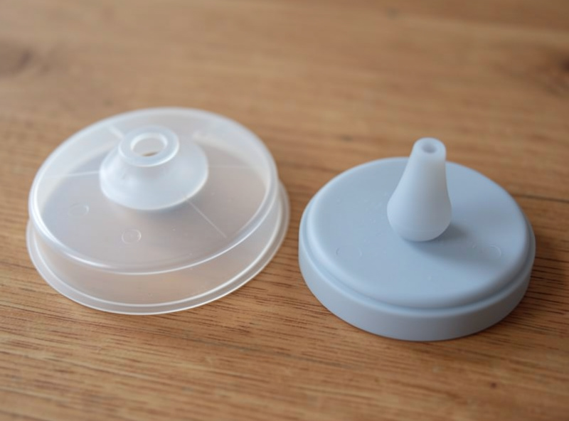 A three-piece water airlock fitted to a drilled mason jar lid next to a silicone nipple-valve fermentation lid