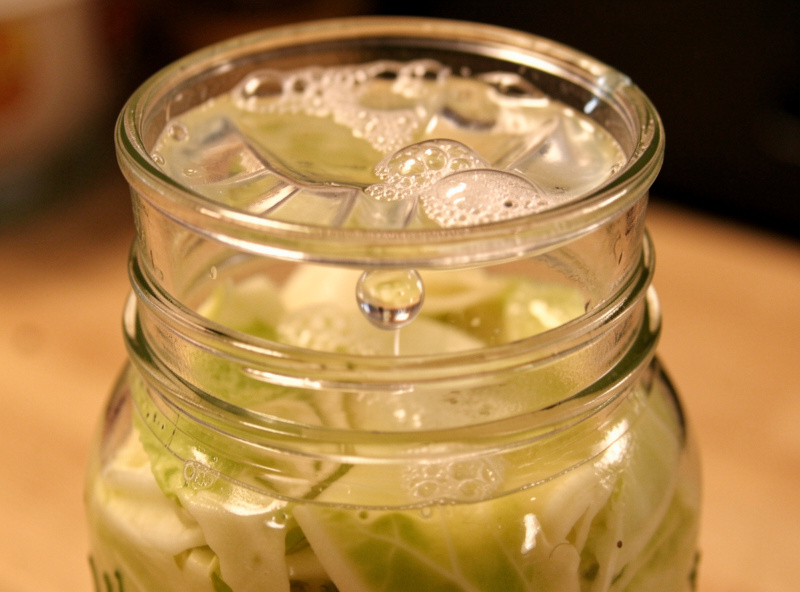 Close-up of a water-filled three-piece airlock bubbling on top of a fermenting jar of vegetables