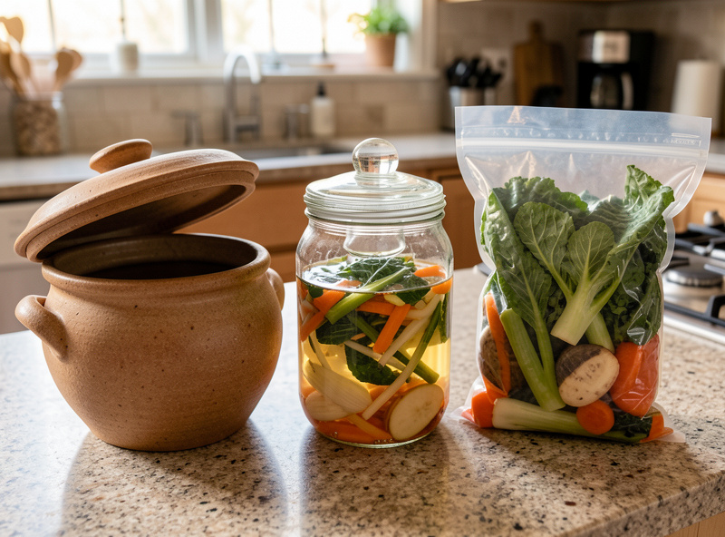 A water-sealed stoneware crock, a wide-mouth glass jar with a weight, and a vacuum-sealed bag of vegetables side by side on a kitchen bench