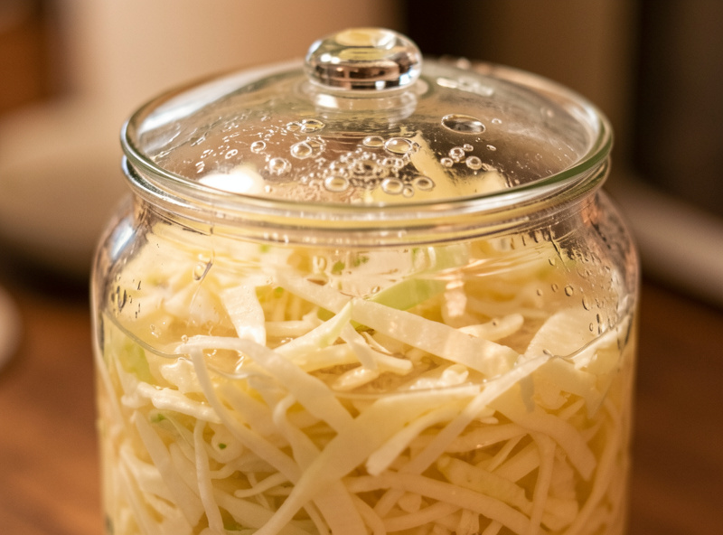 Close-up of a wide-mouth glass jar with vegetables submerged under brine beneath a glass fermentation weight