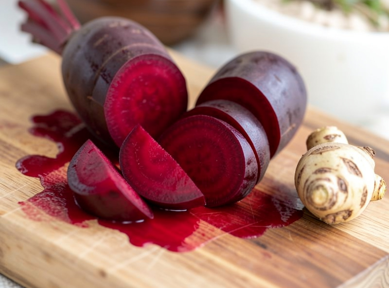 Peeled raw beets cut into wedges on a wooden board with deep red juice and a knob of fresh horseradish root