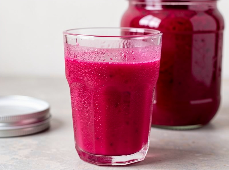 A glass of bright magenta beet kvass poured from a fermentation jar with the beet jar behind it