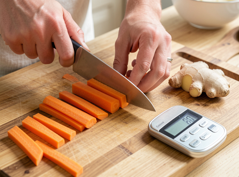 Hands cutting carrots into uniform batons beside fresh ginger and a digital kitchen scale