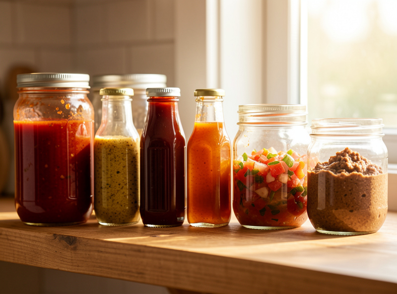 Kitchen shelf lined with jars of homemade fermented hot sauce, mustard, ketchup, fish sauce, salsa, and soybean paste in warm window light