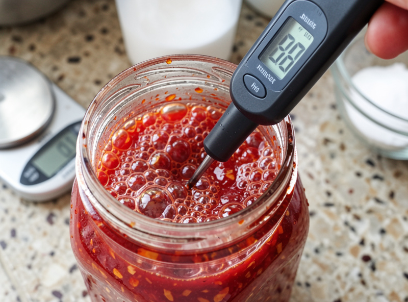Digital pH meter probe dipped into a jar of bubbling red fermented chili mash next to a 0.1 gram kitchen scale