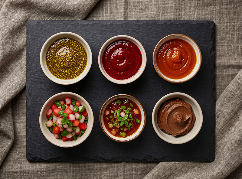 Overhead flat lay of six bowls of finished fermented condiments on slate: mustard, hot sauce, ketchup, garum, salsa, and doenjang paste