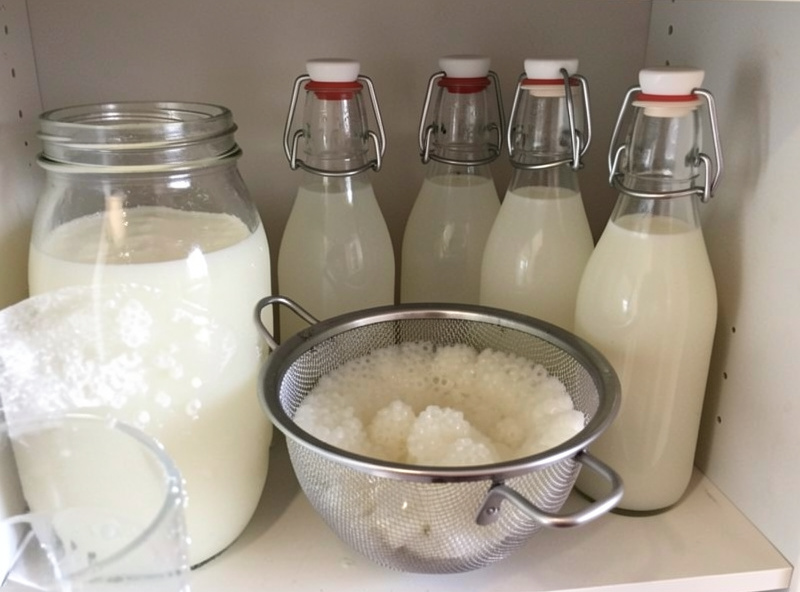 A shelf of home fermented drinks in jars and flip-top bottles, water kefir and milk kefir grains visible
