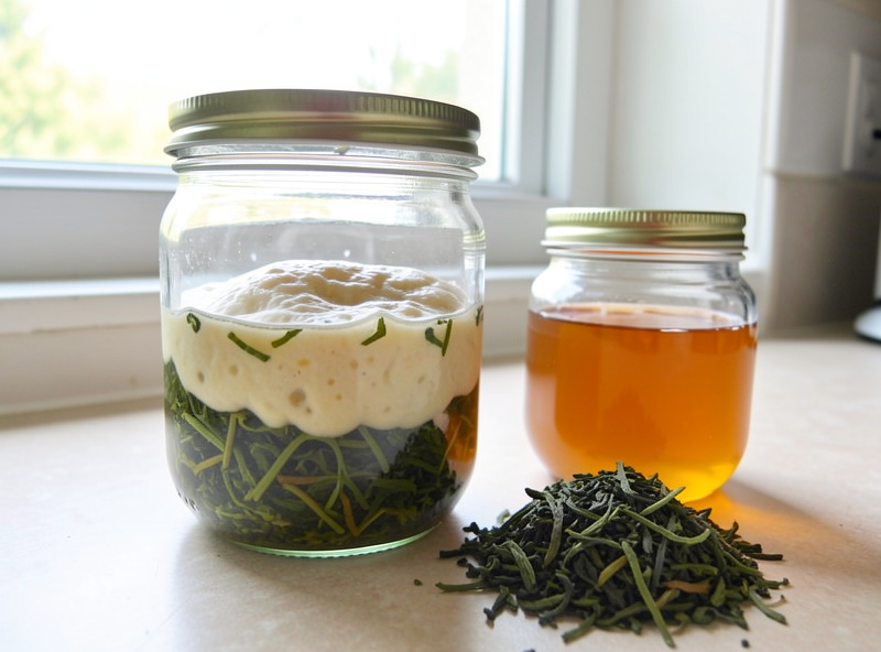 Jun tea fermenting in a glass jar with a culture floating, beside a honey jar and green tea