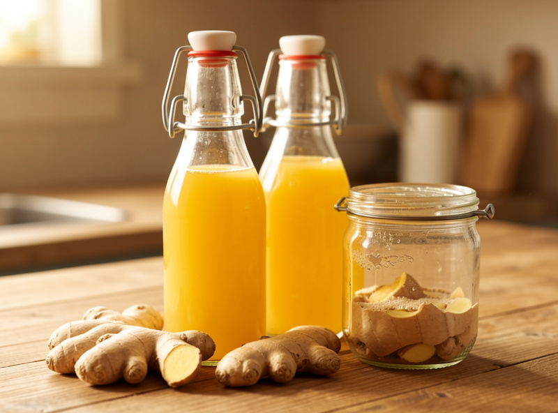 Homemade ginger beer in swing-top bottles with fresh ginger root and a bubbling ginger bug starter jar