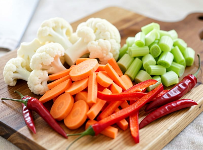 Chopped raw vegetables for giardiniera on a board: cauliflower, carrots, celery, red pepper and chilies