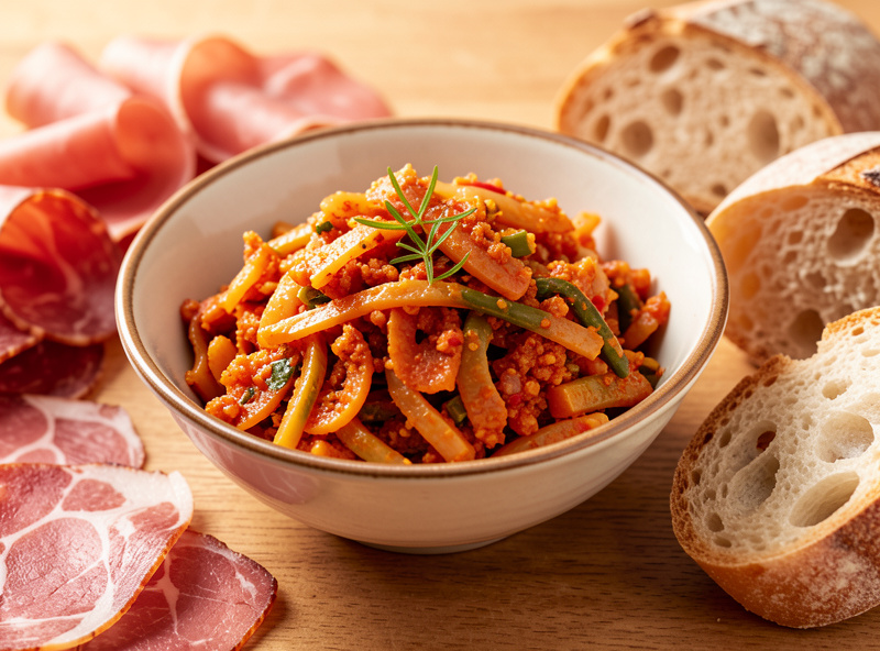 A bowl of finished crunchy fermented giardiniera served as antipasto beside cured meats and bread