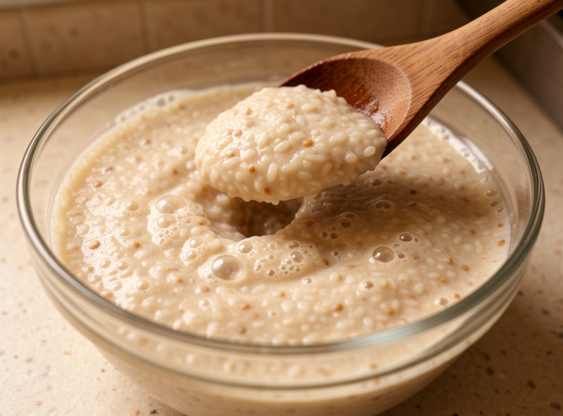 Thick pale fermented rice and lentil batter risen and bubbly in a glass bowl