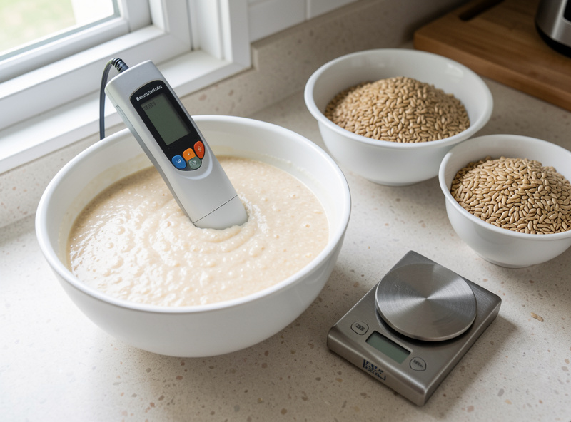Digital pH meter probe resting in a bowl of fermenting grain batter beside a kitchen scale