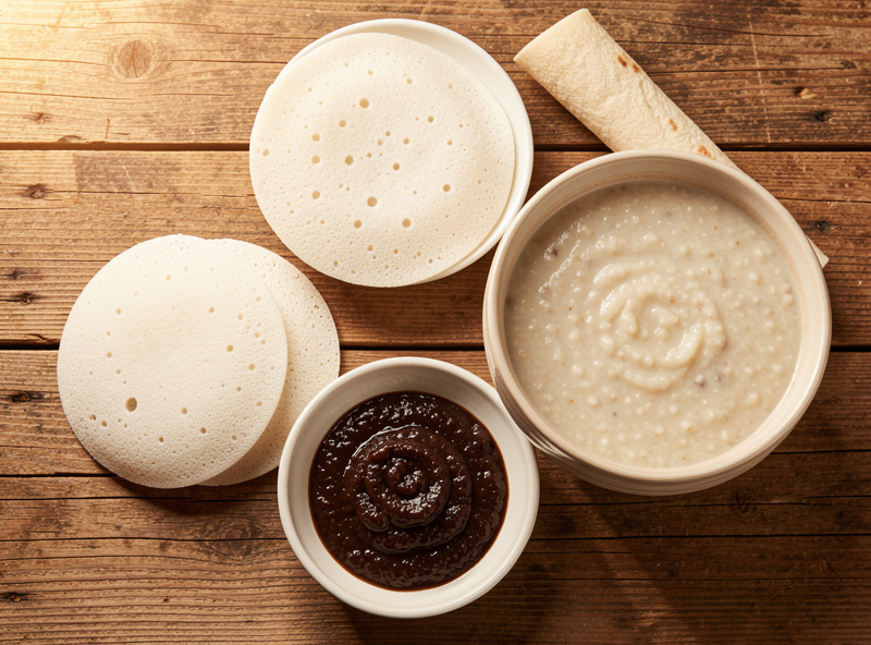 Finished fermented grain foods: steamed idli, spongy flatbread, smooth porridge, and dark bean paste