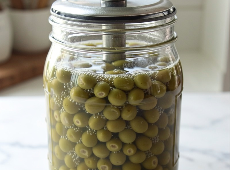 A jar of dilly green beans mid-fermentation with cloudy brine, bubbles, and a glass weight pressing the beans down