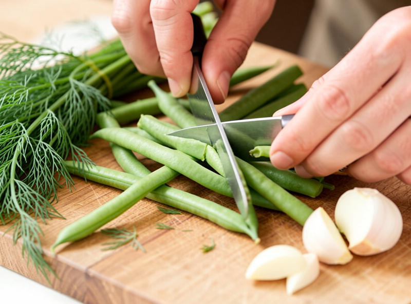 Fresh whole green beans being trimmed on a wooden board with dill heads and peeled garlic cloves
