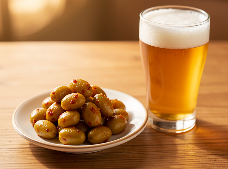 Finished crisp fermented dilly beans on a small plate beside a glass of beer