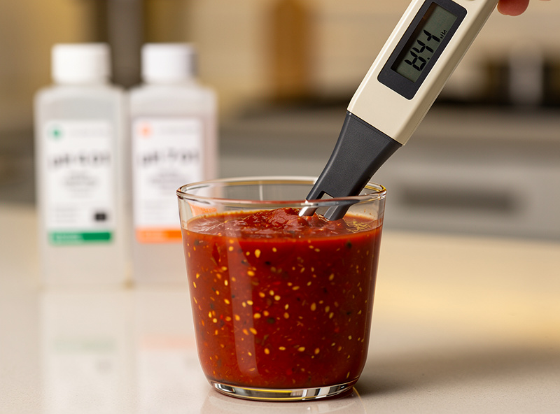 A digital pH meter probe reading 3.4 in a small glass of red fermented hot sauce, with calibration buffer bottles in the background