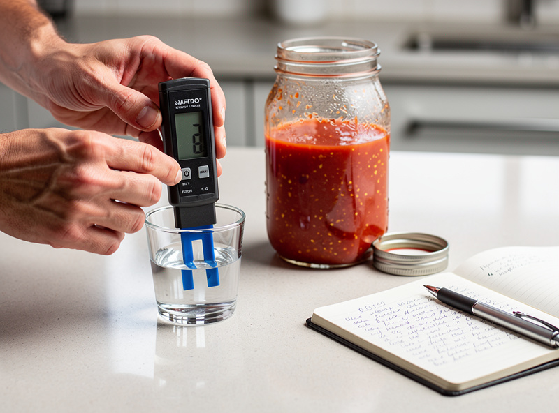 Calibrating a digital pH meter in a small cup of buffer solution next to a jar of blended red hot sauce on a kitchen counter
