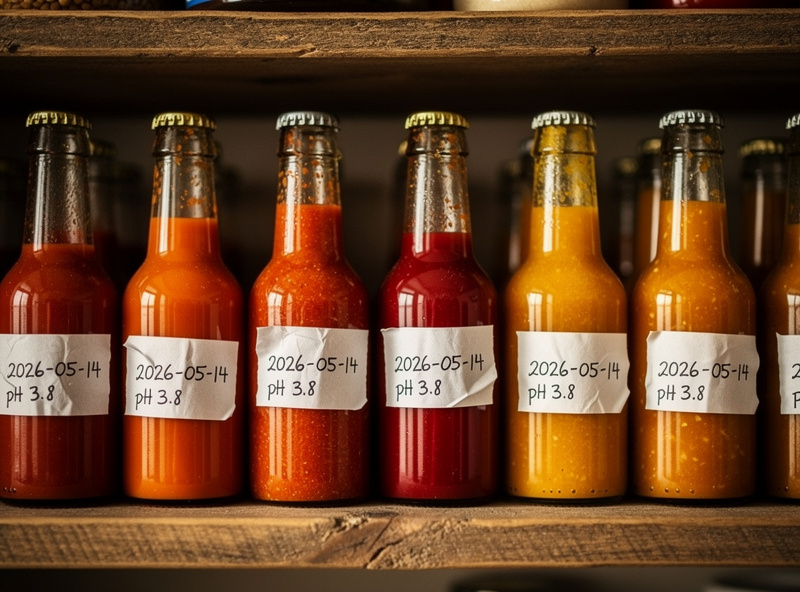 A row of labelled fermented hot sauce bottles each marked with date, peppers, and final pH reading on a pantry shelf