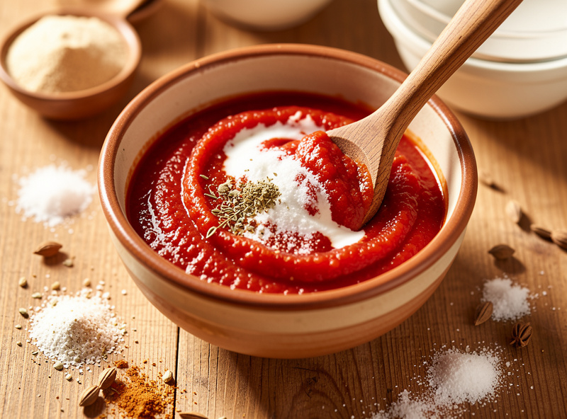Tomato paste, whey, salt and warm spices being stirred together in a ceramic bowl