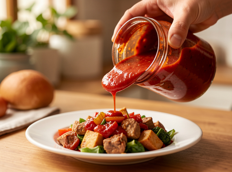 Homemade fermented ketchup being spooned from a jar over a plate of food