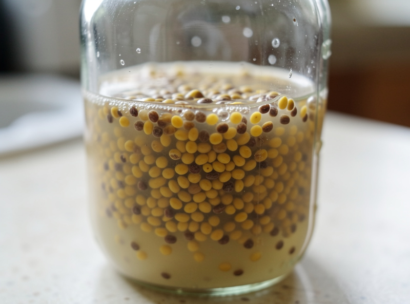 Yellow and brown mustard seeds soaking and swelling in a glass jar of cloudy brine