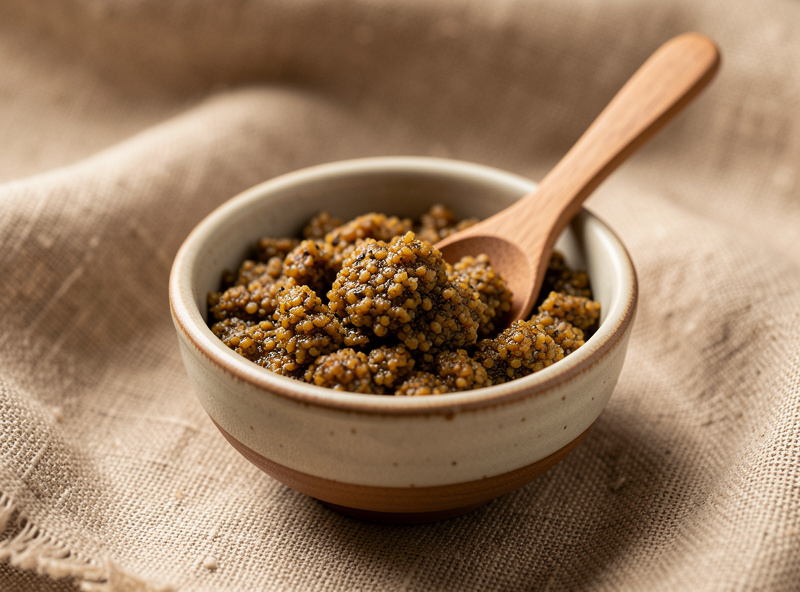 Bowl of finished grainy whole-grain fermented mustard with a wooden spoon on linen