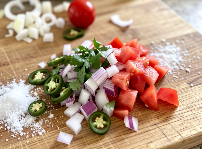 Diced tomatoes, red onion, jalapeno and chopped cilantro on a board being mixed with salt