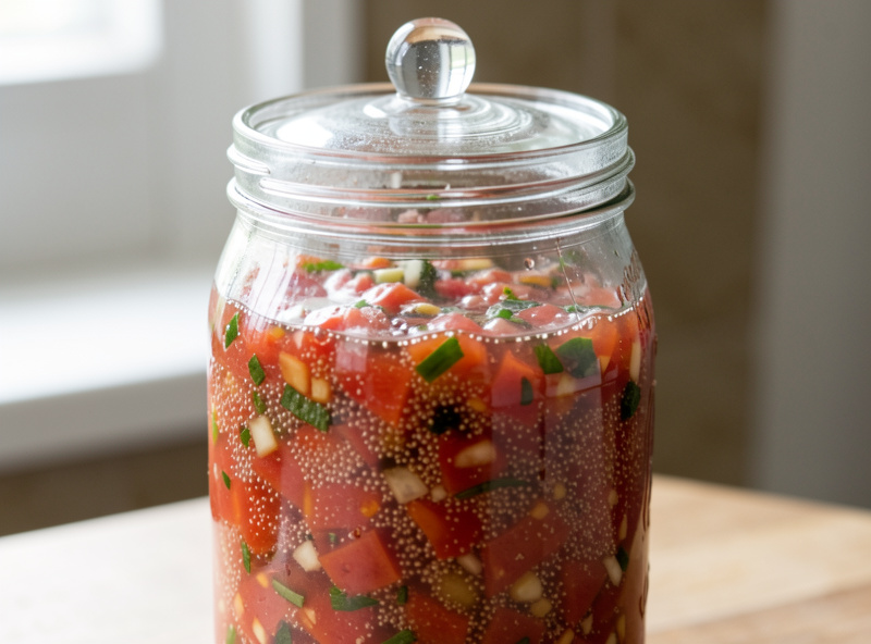 A glass jar packed with fresh salsa fermenting, small bubbles rising, a glass weight on top