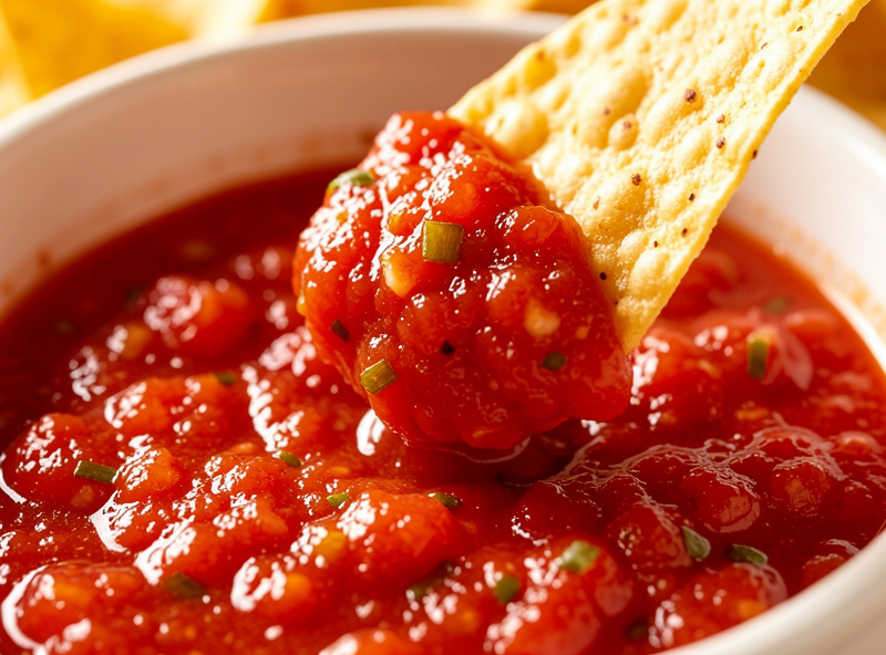 Finished fermented salsa being scooped with a tortilla chip, vibrant red